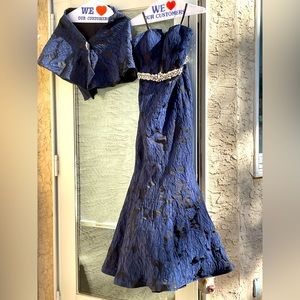 Navy and black gown with cape